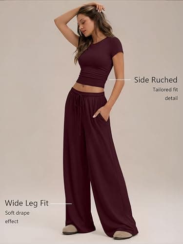 Trendy Queen 2 Piece Matching Summer Lounge Set Womens Side Ruching Top Wide Leg Pants Sets with Pockets thumbnail 3