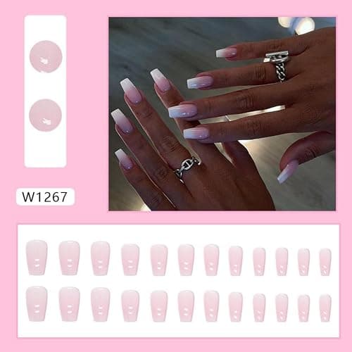 Ombre Press on Nails Coffin Fake Nails Medium False Nails with Design Pink White Gradient Full Cover Acrylic Nails Artificial Glue on Nails for Women Girls Manicure 24Pcs… thumbnail 5