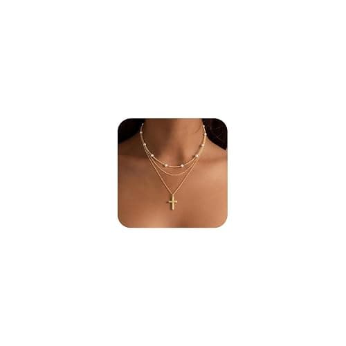 Reuscol Gold Cross Necklace for Women, Dainty 14K Gold Plated Cross Pendant Necklace Non Tarnish Gold Layered Necklace Stack Christian Baptism Religious Faith Jewelry Christmas Gifts for Women - Image 1