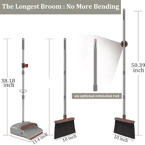 kelamayi Upgrade Broom and Dustpan Set, Self-Cleaning with Dustpan Teeth, Ideal for Dog Cat Pets Home Use, Super Long Handle Upright Stand Up Broom and Dustpan Set (Brown) thumbnail 3