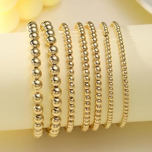 Kysin Chiys Gold Beaded Bracelets Adjusatable 14K Gold Plated Stackable Bracelets Stretch Bead Ball Bracelet Set for Women 3MM 4MM 6MM 8MM Beads Jewelry thumbnail 3