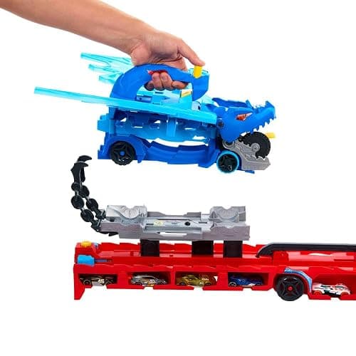 Hot Wheels City Toy Car Track Set, Ultimate Dual Dragon Transporter & 2 Die-Cast Cars, Large-Scale & Detachable Dragon, Stores 20+ Vehicles thumbnail 4