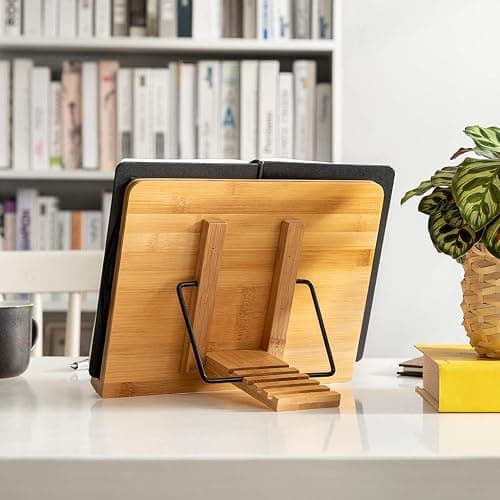 wishacc Bamboo Book Stand for Reading, 13.2" x 9.2" Premium Wooden Cookbook Holder and Recipe Stand for Kitchen Counter, Foldable Adjustable Desk Easel with 5 Angles for Textbooks, Sheet Music, Tablet thumbnail 6
