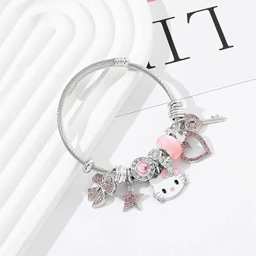 Cute Bracelets, Adjustable Stainless Steel Composite Bracelet Bangles, Classic Cartoon Design Jewelry, Gift for Her (Pink) thumbnail 4