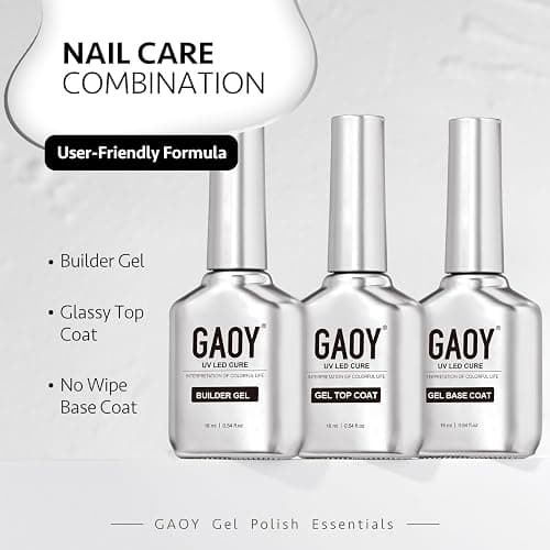 GAOY Gel Top Coat, Builder Gel and Base Coat Set, 3 Pcs 16ml Clear Glossy No Wipe Combination for UV Light Cure thumbnail 6