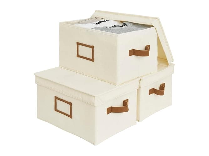 StorageWorks Large Storage Bins with Lids, Decorative Storage Boxes with Lid and PU Handles, Foldable Storage Baskets for Closet, Shelves, Stackable, Ivory, 3-Pack - Image 1