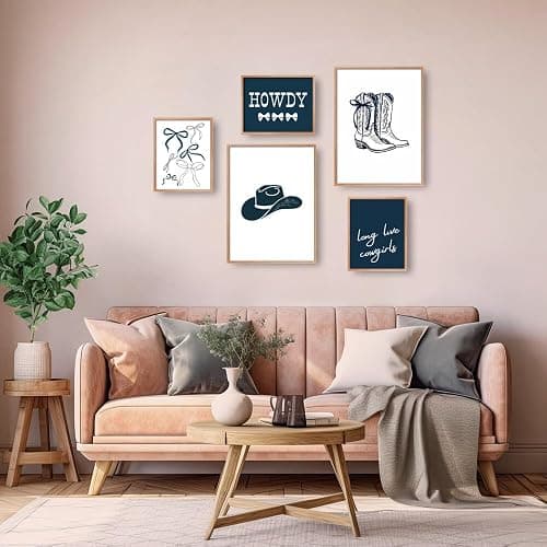 Riveda 5 Pcs Navy Blue Cowgirl Wall Art Cute Girly Western Prints Coquette Posters Preppy Coastal Blue Print Vintage Wild Western Gallery Picture Canvas Trendy Dorm Decor Unframed (8"*10"x3+12"*16x2) thumbnail 4