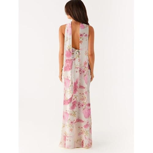 Womens Floral Strapless Maxi Bodycon Dress with Neck Scarf Sexy Cut Out Backless Tie Up Bandeau Tube Dresses thumbnail 5