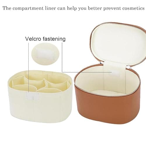 IEMIEBOAMGNOY Leather Make Up Bags With Compartments, Brown travel Cosmetic Bags for Women, Parallel Makeup Travel Bags Organizer Equipped With a Detachable Divider thumbnail 6