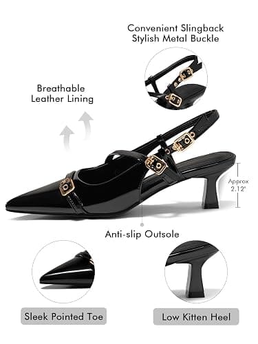 Coutgo Womens Slingback Kitten Heels Low Heel Closed Pointed Toe Pumps Buckle Strap Heeled Sandals Shoes thumbnail 4