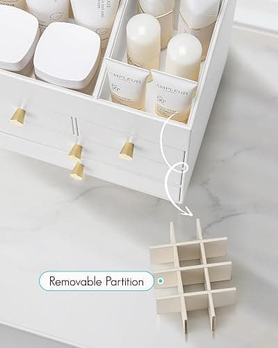 Vlando Makeup Organizer Countertop,Large Vanity Organizer PU Leather Make up Storage with 4 Drawers Skin care Organizer Cosmetic Display Case for Lipstick,Brushes,Bedroom-White thumbnail 6