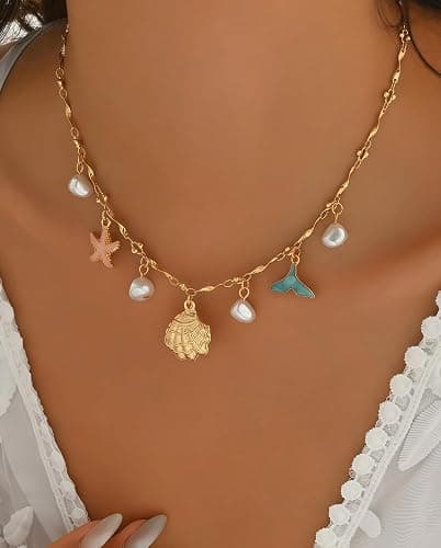 Shell Starfish Necklace for Women, 14k Gold Plated Boho Layered Beaded Charm Pendant Necklace, Dainty Adjustable Pearl Conch Summer Beach Vacation Jewelry Gifts thumbnail 4