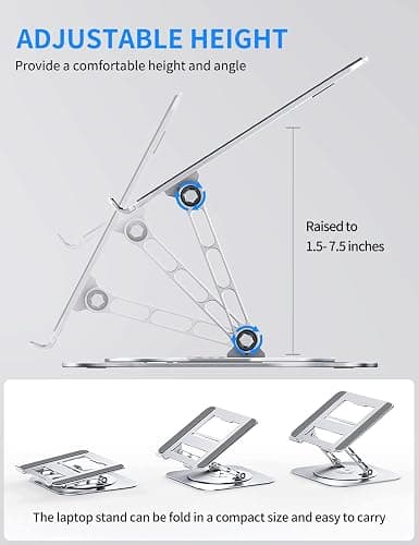 AOEVI Adjustable Computer Stand with 360 Rotating Base, Ergonimic Foldable Laptop Riser for Desk Compatible with MacBook Pro/Air Notebook up to 16 Inches, Silver thumbnail 3