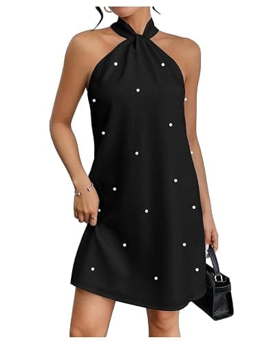 Floerns Women's Pearl Beaded Halter Twist Sleeveless Tie Back Dress A Line Dress - Image 1