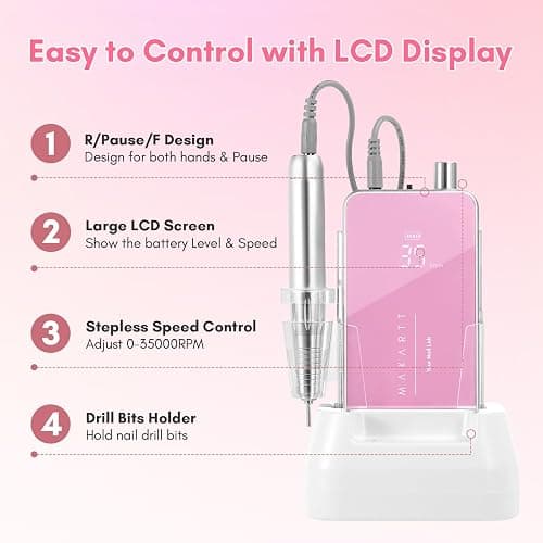 Makartt Nail Drill Professional: 60W 35000RPM Electric Nail File with Coreless Motor, 2 in 1 Desktop & Portable, Drill Bits and LCD Display for Acrylic Gel Nails, Nouvella Pink thumbnail 4