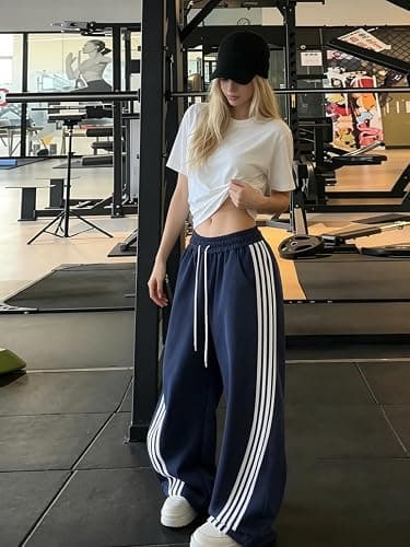 EMMIOL Women’s Y2K Baggy Barrel Striped Sweatpants, High Waisted Wide Leg Pants, Joggers with Drawstring Waist and Cuffs thumbnail 5