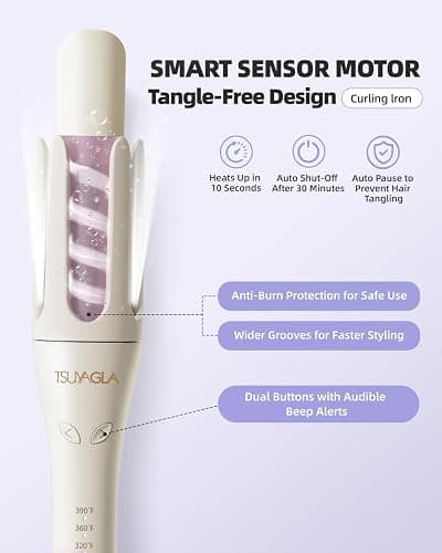 TSUYAGLA Automatic Hair Curler, 1 1/4 Inch Rotating Curling Iron with 3 Temp, 500 Million Ionic, 2-Way Rotation,10S Fast Heating, Anti-Scald, Anti-Tangle Rotating Curling Wand for Different Hair Types thumbnail 5