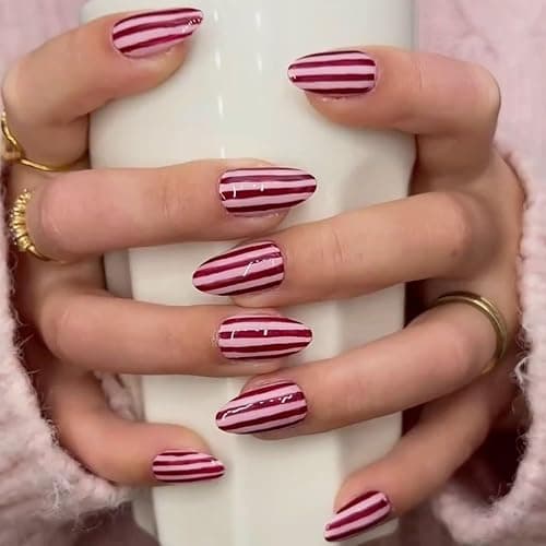 Cuteworld Short Almond Press on Nails - Stripe Pink & Red | Stripe Design, Glossy Full Cover Fake Nails 24Pcs for Women - Image 1