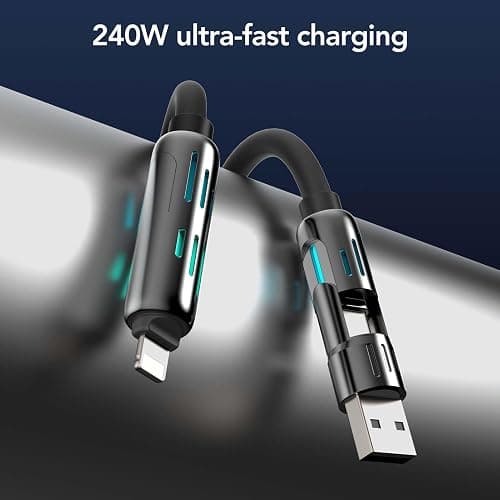 MFish 4-in-1 USB Charging Cable with Carrying Case, 240W Fast Charger Cord, USB-A & Dual USB-C to USB-C/Lightning, for iPhone 17/16/15/14, iPad, MacBook & More (Rich Black) thumbnail 6