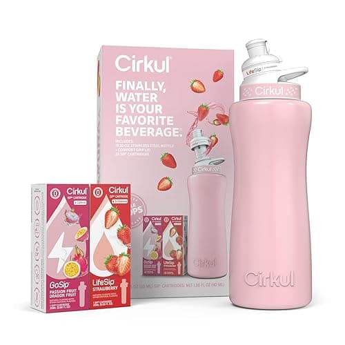 Cirkul 32oz. Blush Pink Stainless Steel Water Bottle Starter Kit with Pink Lid and 2 Flavor Cartridges (1 LifeSip Strawberry, 1 GoSip Passion Fruit Dragon Fruit) Zero Calories and No Sugar - Blush Pink - 32 Ounce