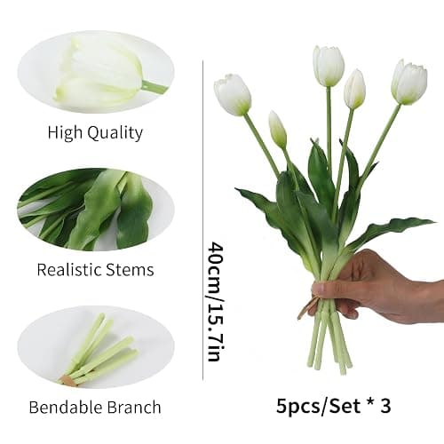 LINSIE 15 Pcs White Artificial Flowers Tulips Real Touch Latex Plastic Soft Faux Bouquets for Party, Wedding, Home, Room, Garden Decor thumbnail 3