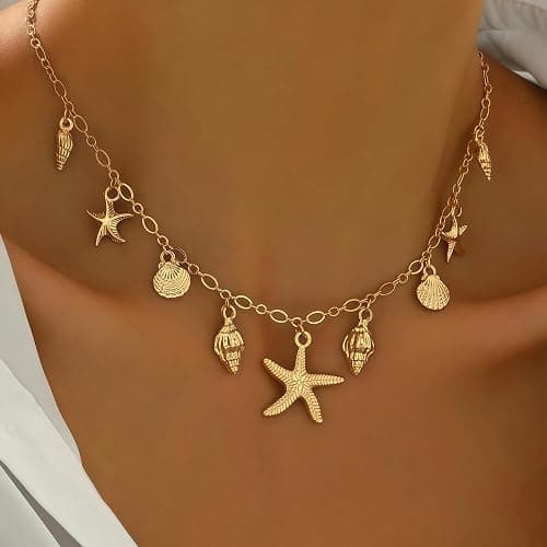 Shell Starfish Necklace for Women, 14k Gold Plated Boho Layered Beaded Charm Pendant Necklace, Dainty Adjustable Pearl Conch Summer Beach Vacation Jewelry Gifts thumbnail 4