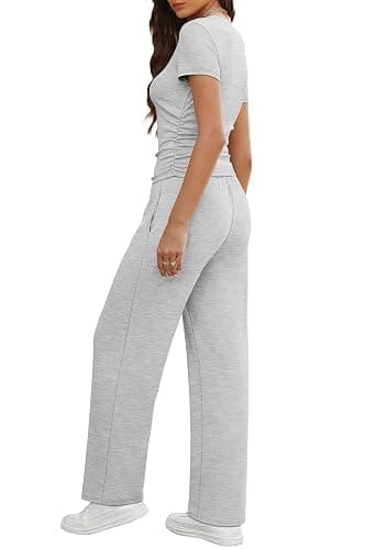 WIHOLL Lounge Sets for Women 2 Piece Vacation Outfits Short Sleeve Tops with Side Ruched Wide Leg Pants Matching Sets thumbnail 4