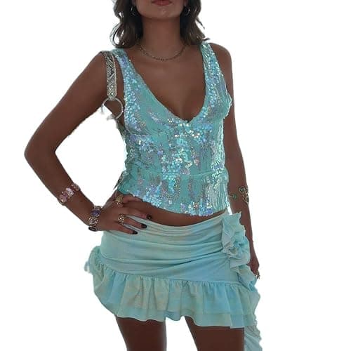 Y2k Cami Top Crop Tank Top Sequin Sparkly Glitter - Image 1