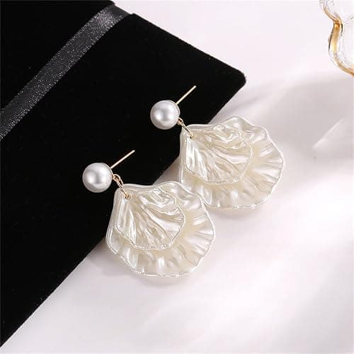 Seashell Pearl Stud Earrings for Women Ocean Sea Theme Sweet Double Layer Acrylic Shell Lightweight Dangle Drop Earrings for Summer Beach Holiday Halloween Party Jewelry Accessories thumbnail 4