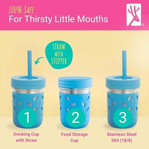 Elk and Friends Kids 10oz Stainless Steel Mason Jars + Sleeves + Lids | 4pk | Toddlers | Silicone Sleeves | Straws with Stoppers | Food Storage | Spill Resistant | Dishwasher Safe | Perfect for Smoothies thumbnail 4