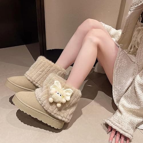 UNMULFC Cute Platform Boots Women's Snow Boots Chunky Winter Shoes Aesthetic Bow Pearl Thick Sole Kawaii Fuzzy Plush Fluffy thumbnail 5