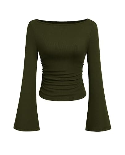 PRETTYGARDEN Women's Long Sleeve Shirts 2025 Fall Crop Going Out Tops Casual Boat Neck Bell Sleeve Ribbed Ruched Y2K Clothes - Image 1