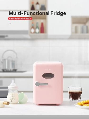 Reemix Mini Fridge, 4L/6 Cans Retro Portable Cooler For 120V Home & 12V DC Car Use, Skincare Fridge for Bedroom, Car, Office, Dorm, Pink thumbnail 2
