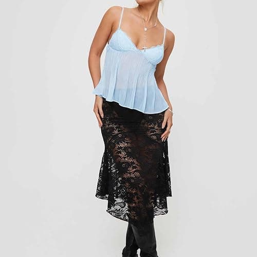 Nicoxijia Women Y2k Spaghetti Strap Camisole Crop Top Mesh See Through Slim Fit Tank Top Going Out Shirt Vest Tops Streetwear thumbnail 3