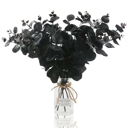 Hananona 6 Pcs Artificial Black Eucalyptus Stems, 14" Eucalyptus Leaves Branches Bouquet for Flower Arrangement DIY, Black Silk Flowers for Home Halloween Farmhouse Decor (Black, 6) - Image 1