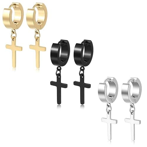 TXPFF Men Women Stainless Steel Cross Earrings Set Dangle Hinged Earrings of Dangle Hinged Earrings Cross hoop Earrings - Image 1