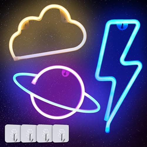 Neon Light Sign, 3 Pcs Eclair Planète Nuage Space Neon Sign Batterie USB Neon Sign Light Néon Signe Planète Lampe pour Chambre à Coucher Salle de Jeux Bar Fête Pépinière Fête d'anniversaire - Image 1