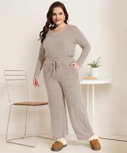 RITERA Womens Plus Size 2 Piece Outfits Lounge Sets Knit Sweatsuit Long Sleeve Pullover Tops Wide Leg Pant Pajama Sets XL-5XL - Khaki - 3X-Large Plus thumbnail 3