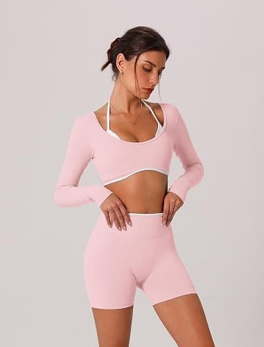 ABOCIW Workout Sets for Women 2 Piece Seamless Color Block Long Sleeve Crop Top Scrunch Butt High Waist Shorts Gym Set thumbnail 4