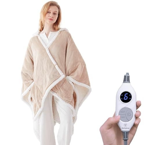 Westinghouse Wearable Heated Throw Blanket, Electric Heated Wrap Poncho Shawl with Pockets, 6 Heating Levels & 2 to 10 Hours Time Settings, 50 x 60 Inch, Beige - Image 1