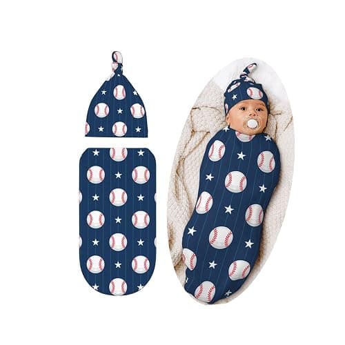 Cute Baseball Print Baby Stuff Swaddle Blanket Hat Set for Boys Girls, Soft Newborn Swaddle Wrap Blanket Shower Gift - Image 1