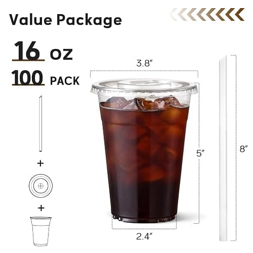 AOZITA 100 Pack 16 oz Clear Plastic Cups with Lids and Straws, Food Safe Disposable Iced Coffee Cups for Cold Beverages, Smoothies, Iced Coffee, Leak-Proof, BPA-Free thumbnail 3