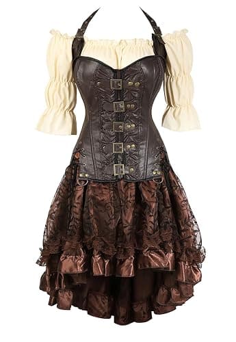Grebrafan Steampunk Corsets Skirt Blouse Set Tight Lace Corset Outfits for Women - Image 1