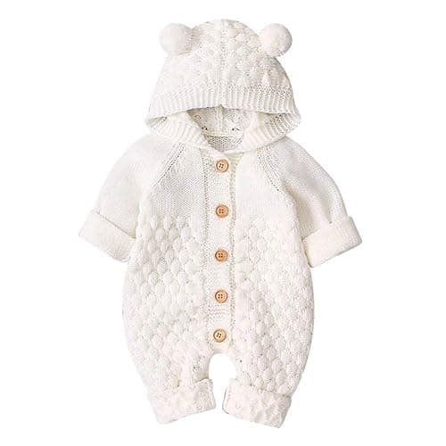 Odizli Neugeborene Baby Mädchen Jungen Kleidung Langarm Gestrickt Kapuze Strampler Body Herbst Winter Babykleidung - 0-6 Monate - Weiß - Image 1