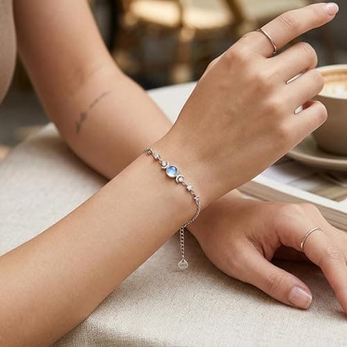 AXOMY Moonstone Bracelet 925 Sterling Silver Triple Moon Bracelets Moon Star Jewelry Gift for Women thumbnail 2