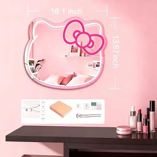 THIIXDAI Hello Kit Mirror with Light Neon Signs for Room Decor, USB Powered Cute Cat LED Lights, Teen Girl Best Gift, Makeup Mirror Neon Sign Wall Decor 16.1 * 13.97inch thumbnail 3