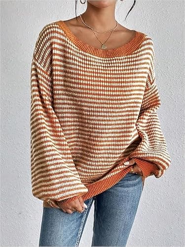 Women's Oversized Striped Sweater Casual Off The Shoulder Sweater Fall Long Sleeve Loose Knit Pullover Jumper Tops thumbnail 2