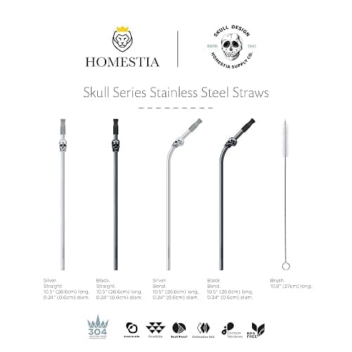 Homestia 8 Pack 10.5'' Reusable Stainless Steel Metal Straws, Skull Decor | Long Drinking Straws, Removable Silicone Tips, with Cleaning Brushes for 30 oz and 20 oz Tumblers, Gothic Halloween Party Use thumbnail 9
