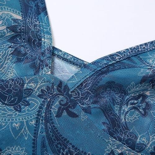 Women's Retro Printed Halter Top,Mesh Pleated Strappy Neck,Stylish Sleeveless Slim Top Base Layer thumbnail 5