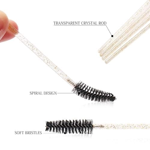 300 Pack Glitter Mascara Wands Disposable EyeLash Spoolie Brushes Makeup Applicator Eyelash Extension Tool Kit, Crystal Gold Handle Black Brush Head thumbnail 4